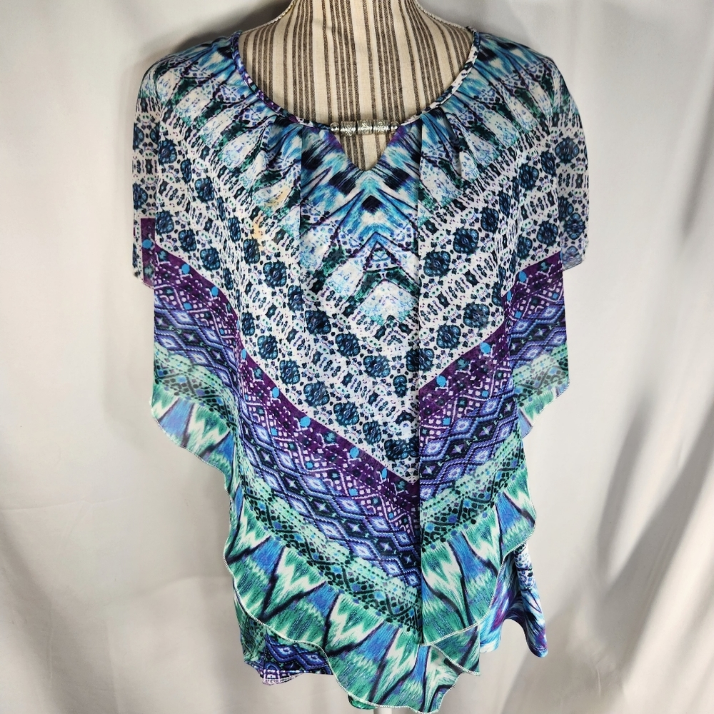 Notations Petite Multicolored Tank Cape Overlay Neck w/ Attached Beaded Bar PXL